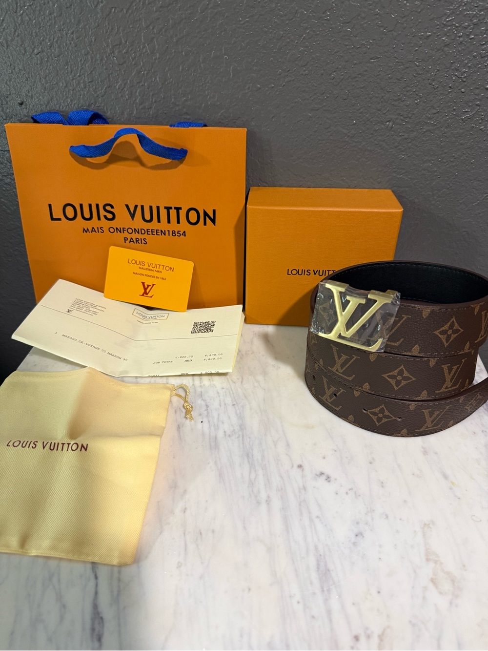 Louis Vuitton Brown Monogram Men's Belt with Gold LV Buckle